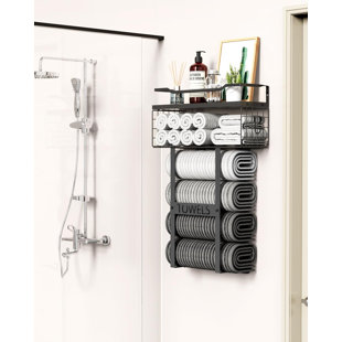 Space-Saving Black Towel Rack for Small Bathroom – Wall Mounted Vertical Wood Shelf Above Toilet, Rolled Towel Organizer & Bath Storage Holder
