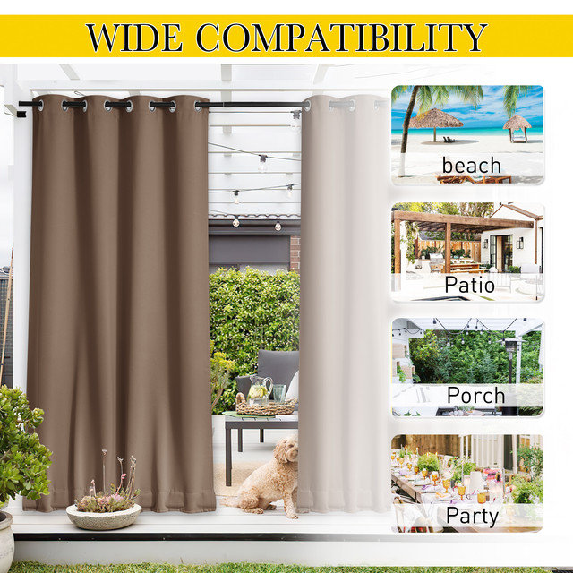 Outdoor Patio Curtains 2 Panels Windproof Top Grommet & Back Tab Bottom, Thermal Insulated Drapes Keep Privacy for Yard/Porch with Ropes for Fixed