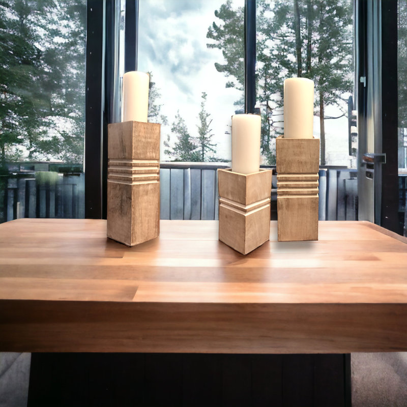 S/3 Cubic Pillar Candleholders - Bleached Wood