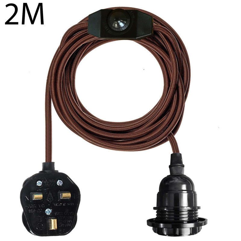 Angelys Ceiling Pendant Fitting, E27 Lamp Holder 2M Plug In Pendant Light Cord, Fabric Cable 3 Pin Plug In With On/Off Switch Lighting Kit