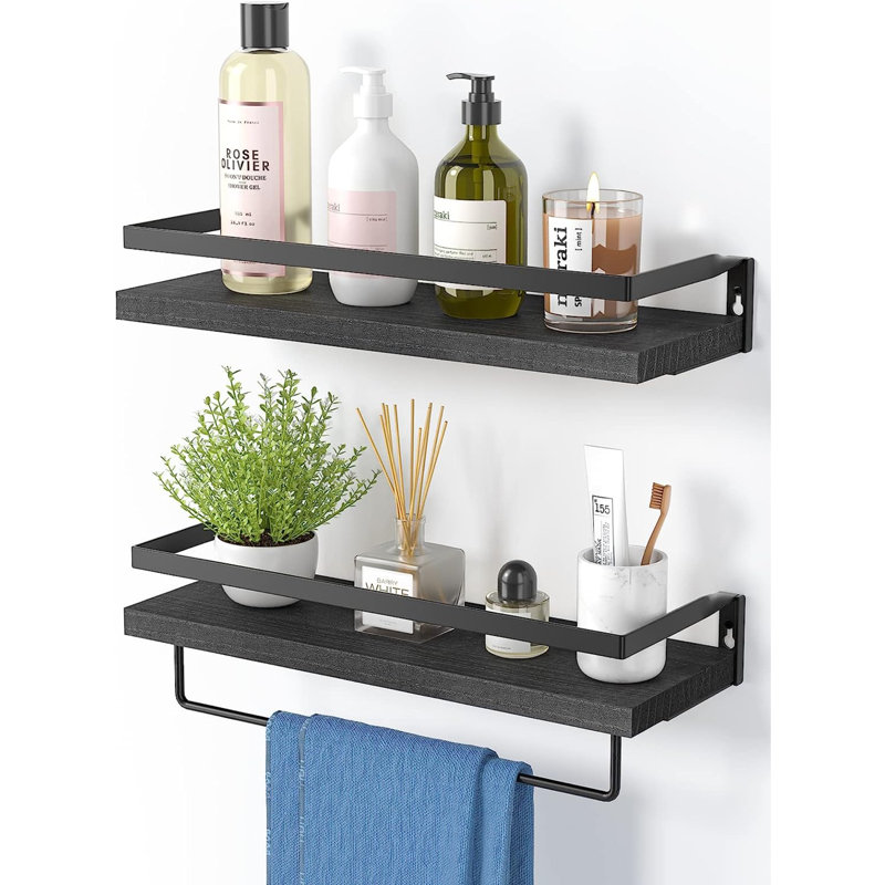 Comsouth 2 Piece Solid Wood Floating Shelf with Towel Bar, Light Brown