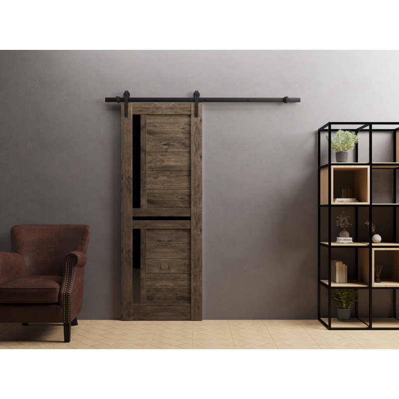 Porte de grange robuste | Chêne cognac Veregio 7588 avec verre noir | Ensemble de quincaillerie lourde 6,6 pi | Portes intérieures solides