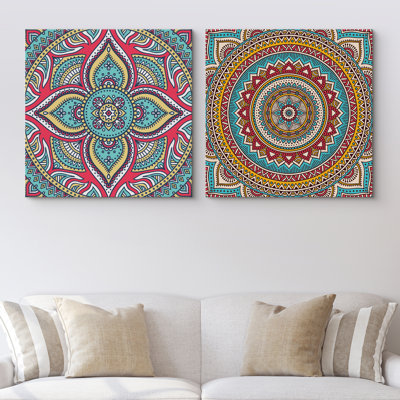 Mandala, variété, exquis, sarcelle rouge, images lumineuses vives, impression sur toile 2 pièces