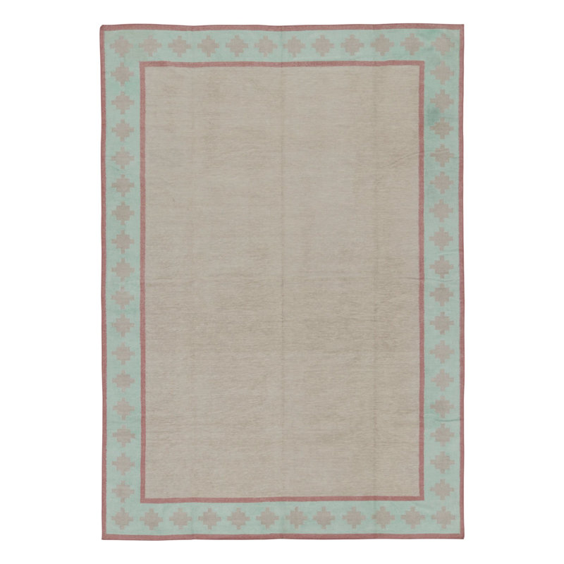 Rug & Kilim’S Contemporary Dhurrie Rug In Beige With Light Blue And Rose Border