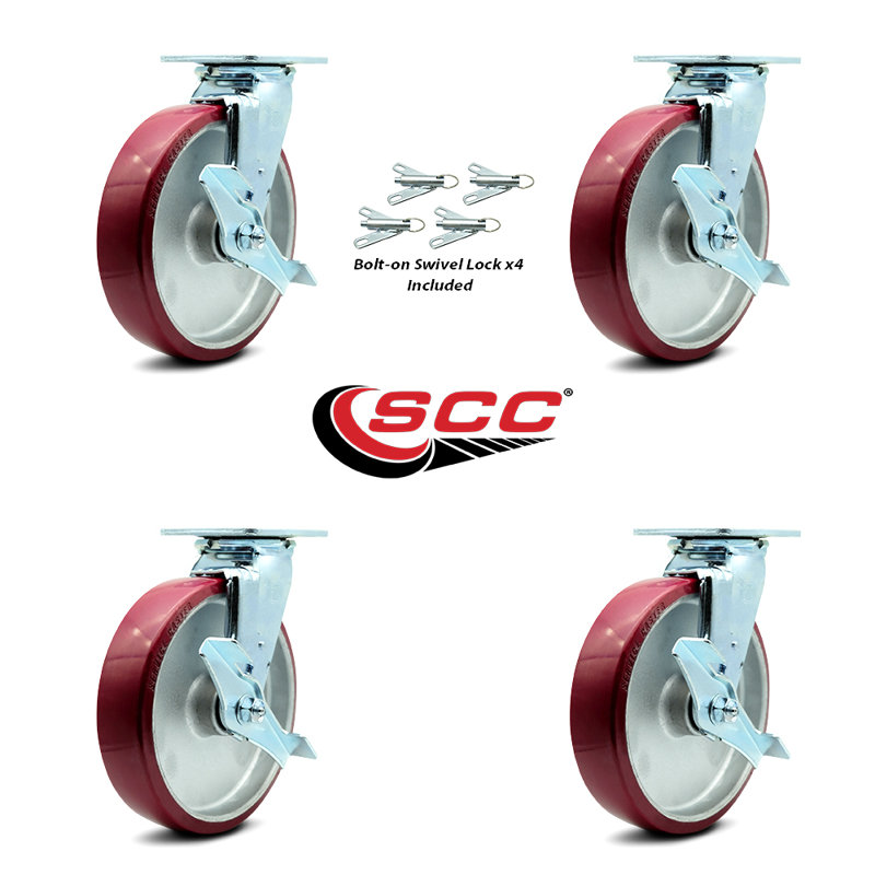 8 Inch Poly on Aluminum Caster Set with Ball Bearings and Brake/Swivel Lock SCC