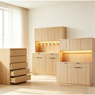 3 Pieces Living Room Set - Includes A 5-Drawer Chest With Grooves, 4-Door Multi-Purpose Storage Cabinet, 3-Door Multi-Purpose Storage Cabinet With Led Lights And Power Sockets