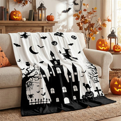 Jeté d'Halloween en flanelle, chat noir et blanc, chauve-souris, citrouille, sorcière, hallowmas, douces couvertures en molleton moelleux pour canapé-lit, cadeaux idéaux pour les adultes 80 x 60