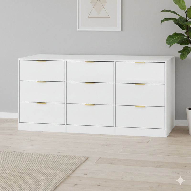 Commode blanche à neuf tiroirs, commode large et profonde de 63 pouces, armoire de rangement en bois avec neuf compartiments pour la chambre à coucher, commode longue pour le salon, couloir.
