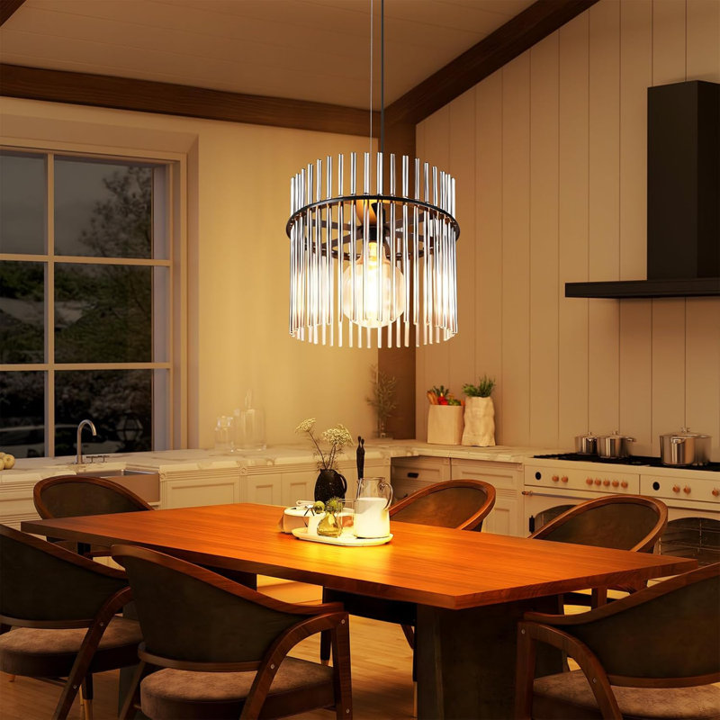 1-Light Cylindrical Glass Kitchen Island Pendant, Black