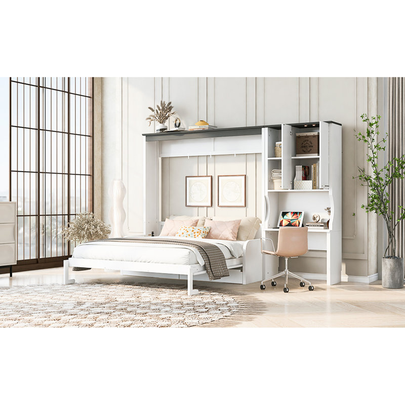 Grand lit avec rangement intégré, bureau et rangement, peu encombrant, couleur blanche, bois et coin salon moelleux pour travailler