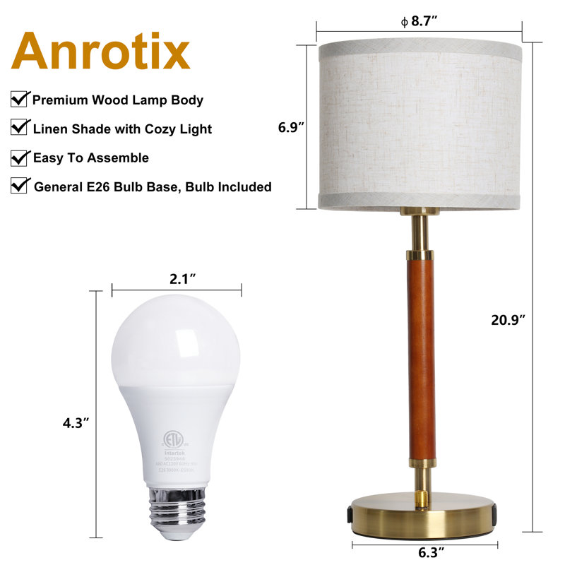 Lampe de table 21 pouces en bois massif de noyer (1 unité), base en métal, abat-jour en lin, 3 températures de couleur, prise secteur intégrée, ports de chargement USB-A et USB-C