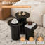 Ensemble de tables basses rondes 3 pièces, petites tables gigognes avec base cylindrique cannelée, plateau en placage de grain de bois, noir-1084289462