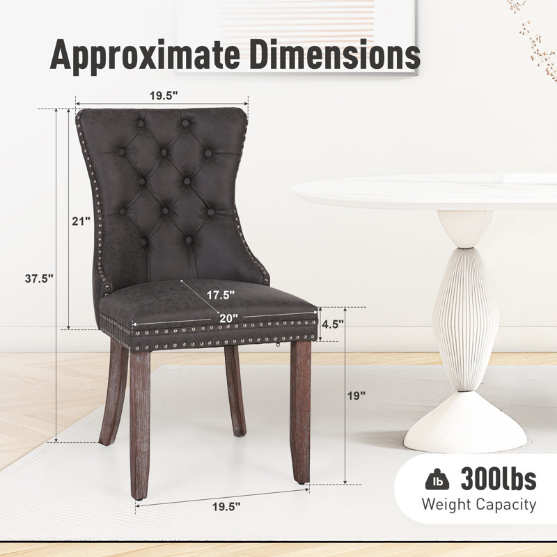 Albrah Tufted Faux Leather Wing Back Dining Chair, Dark Gray/Walnut