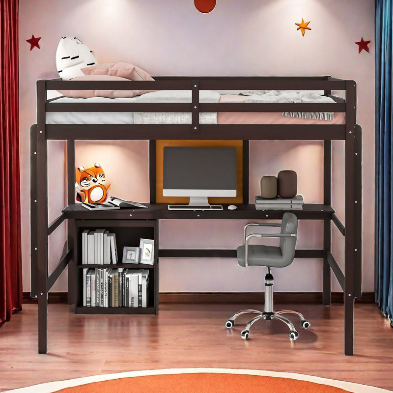 Lit mezzanine double pour enfants Josnyel, Espresso