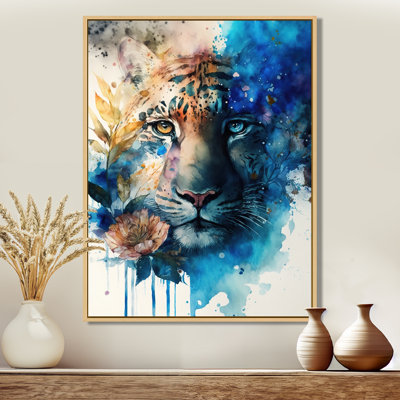 Portrait de tigre avec fleurs II - tigre, reproduction sur toile encadrée