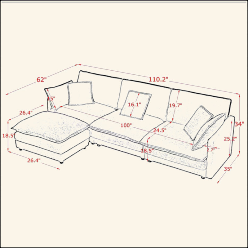Canapé modulaire en L avec repose-pieds et canapé convertible surdimensionné pour 4 personnes Modern Home Living