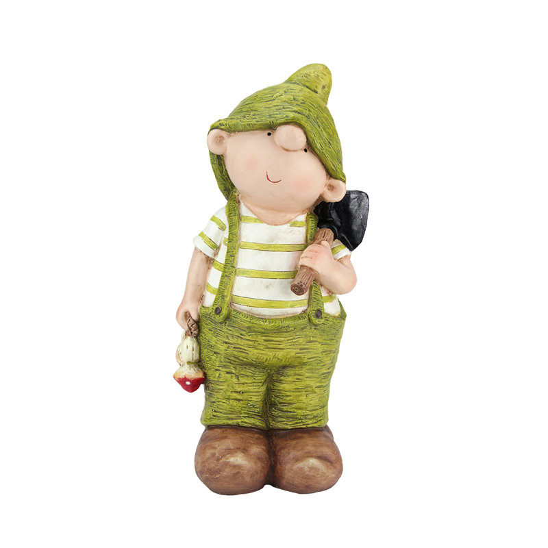 Figurine de jardin d'extérieur jeune garçon gnome avec pelle, H 16,25 po