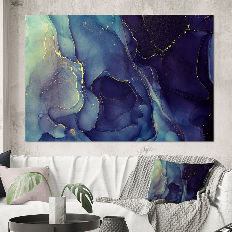 Abstrait, art mural sur toile, impression à l'encre liquide bleue, H 40 po x l 60 po, Toile tendue, Sans cadre