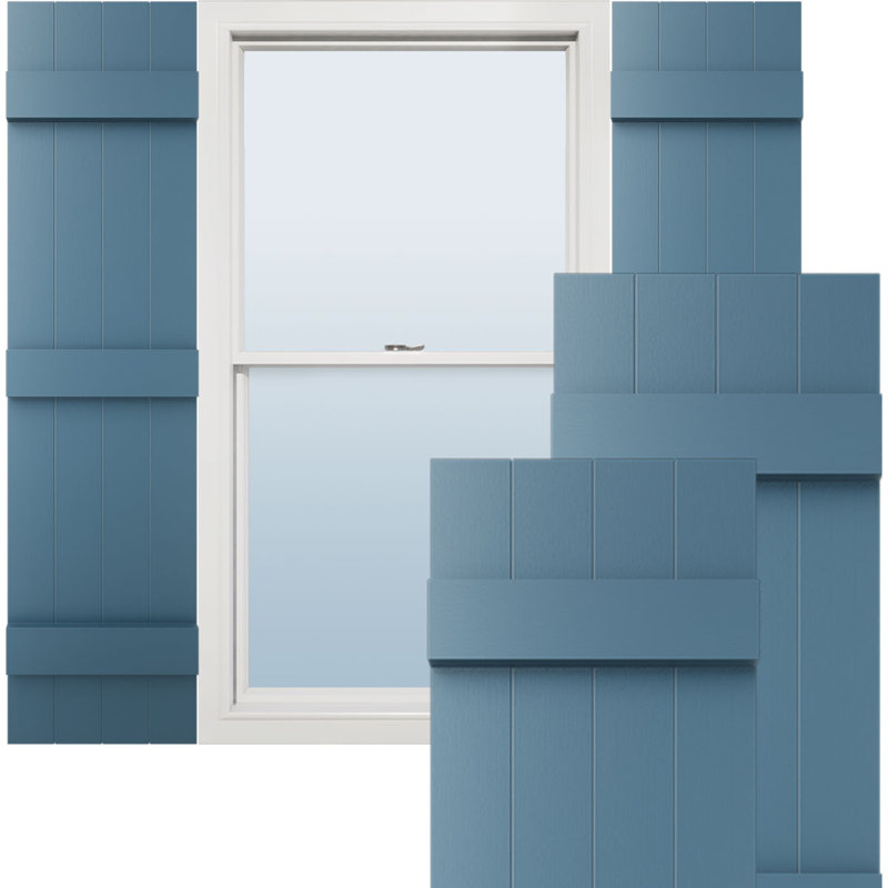 Vinyle à vie, quatre planches jointes TailorMade, volets Board-n-Batten, avec cages à volets, Bleu classique
