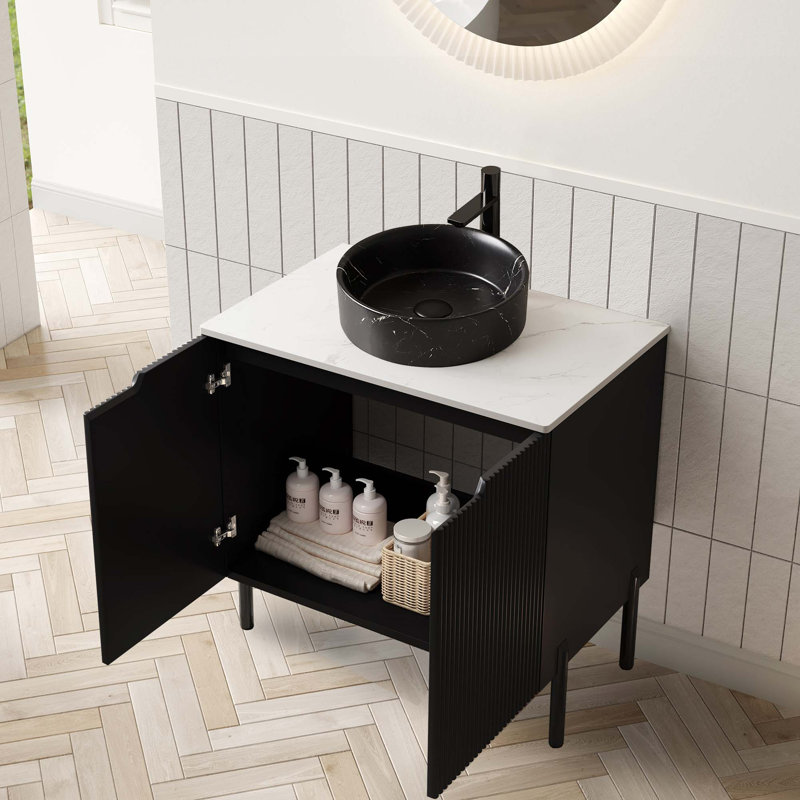 Meuble-lavabo autoportant avec portes à fermeture douce et comptoir en pierre frittée