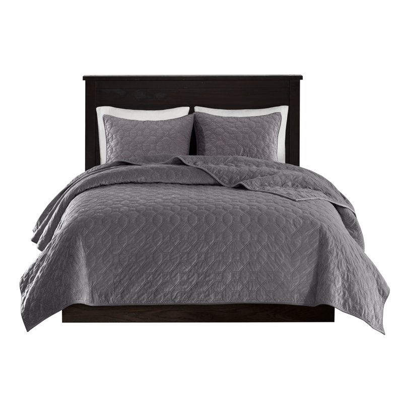 Ensemble de courtepointe 3 pièces en velours, Gris, Courtepointe double + 2 pièces supplémentaires