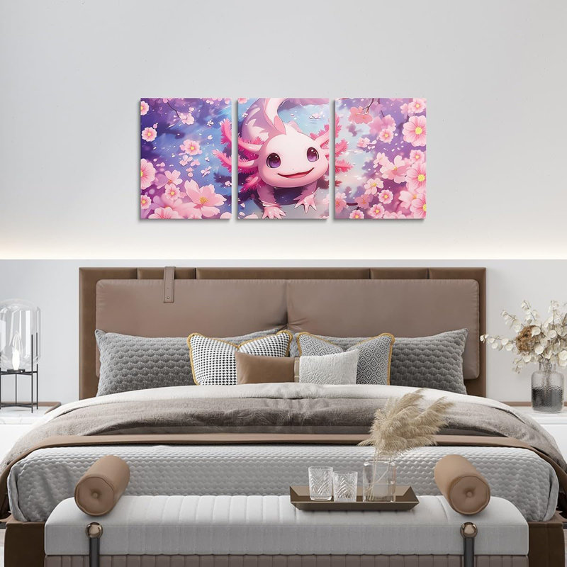 Cute Pink Axolotl Canvas Wall Art Set of 3 Kids Girls Coastal Ocean Animal Wall Decor Preppy Kawaii Dreamy Axolotl Framed Paintings Artwork Pink Cherry Blossom Poster Prints,12x16