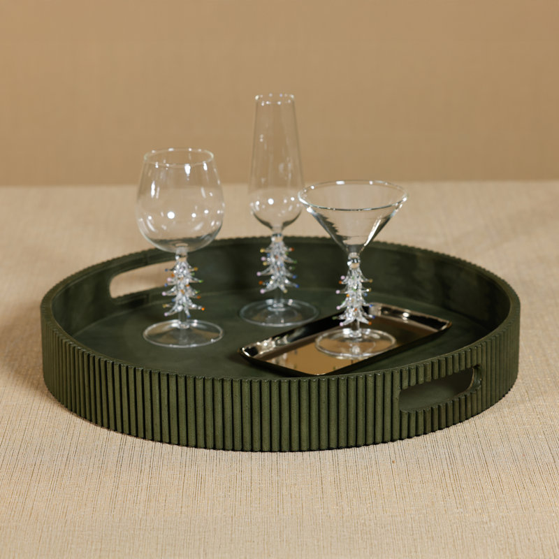 Plateau rond en cuir vert cannelé, L 18 po x P 18 po x H 2,5 po