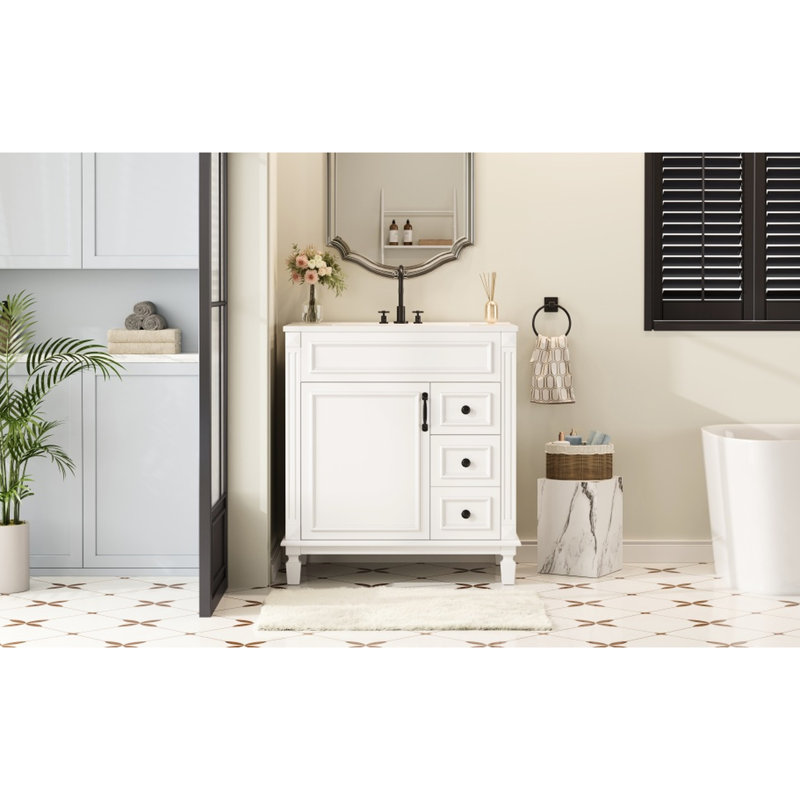 Meuble-lavabo de 30 pouces avec lavabo en céramique, 2 tiroirs et tablette réglable - Petit rangement, Blanc