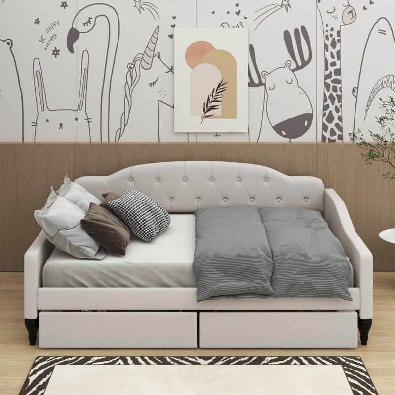 Full Size Upholstered Tufted Daybed With Drawers