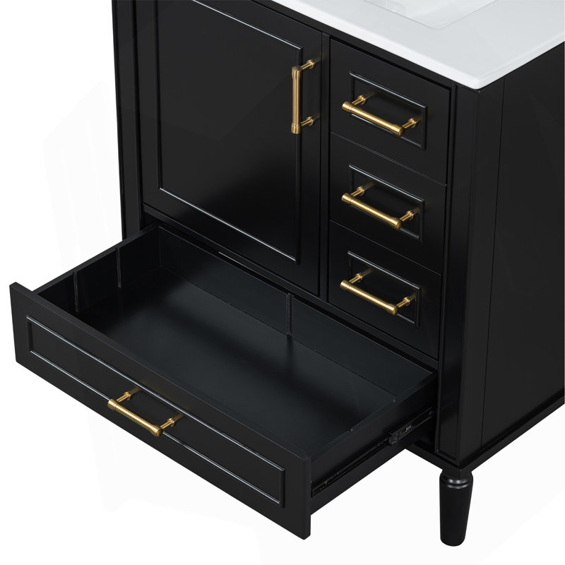 Ensemble de meuble-lavabo traditionnel noir de 30 po avec trois tiroirs, portes à fermeture douce et longues poignées en métal doré - pour les petites salles de bain