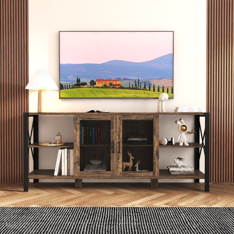Meuble télé 80 po pour salon, console multimédia de style campagnard avec tablettes ouvertes et rangement en filet, noyer