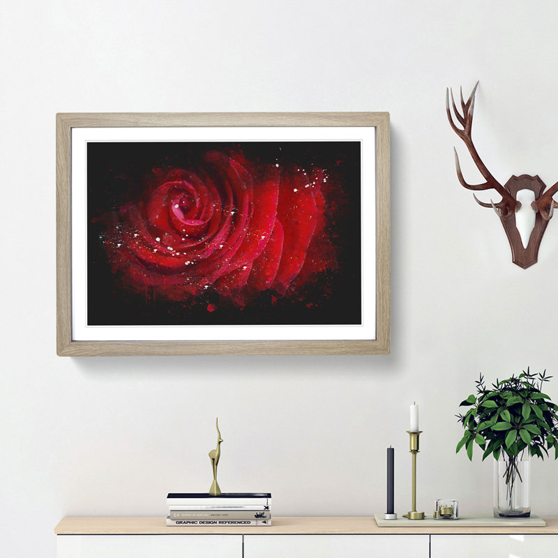 Dewdrops Upon A Red Rose Paint Splash - Picture Frame Graphic Art, Oak Framed, 24cm H x 33cm W x 2cm D