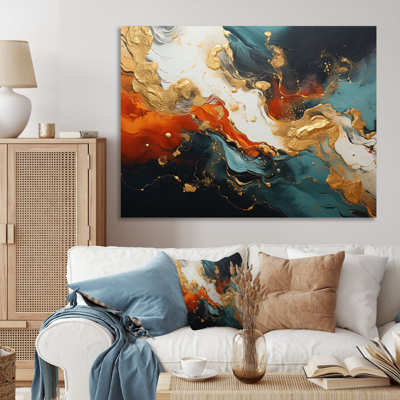 Bleu et or tempête de marbre II - art mural abstrait, Toile tendue, H 24 po x l 32 po x P 1 po
