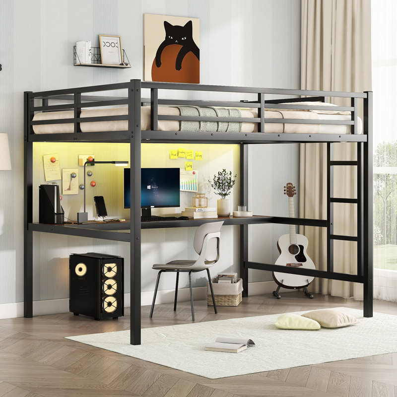 Lit mezzanine double en métal avec prise de courant, lumière DEL et bureau, noir