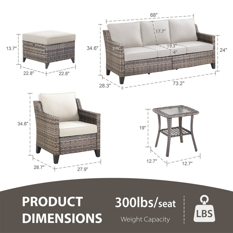 7 - Person Outdoor Wicker Patio Conversation Furniture Sofa Set With Ottomans & Side Table, Beige