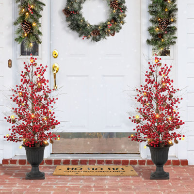 Set Of 2 36"H Christmas Lighted Berry And Pine Cone Urn Porch Tree, 20 Warm White Lights With Timer