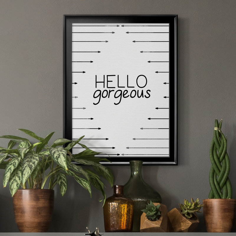 «Hello Gorgeous», art textuel sur toile, H 18,5 po x l 24,5 po x P 1,5 po, Cadre noir