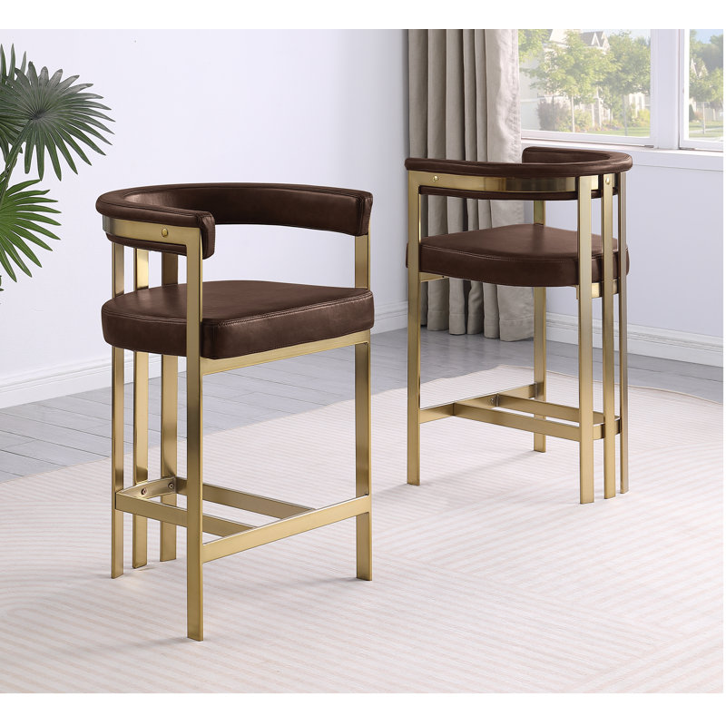 Tabouret Leathaire avec structure en chrome mat, Siège moka / cadre doré