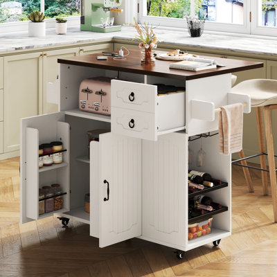 51" Mobile Kitchen Island With Drop Leaf & Power Outlet, Kitchen Rolling Island With Storage Cabinets & Drawers, Kitchen Island Cart With Glass Holder & Wine Rack For Dining Room, White