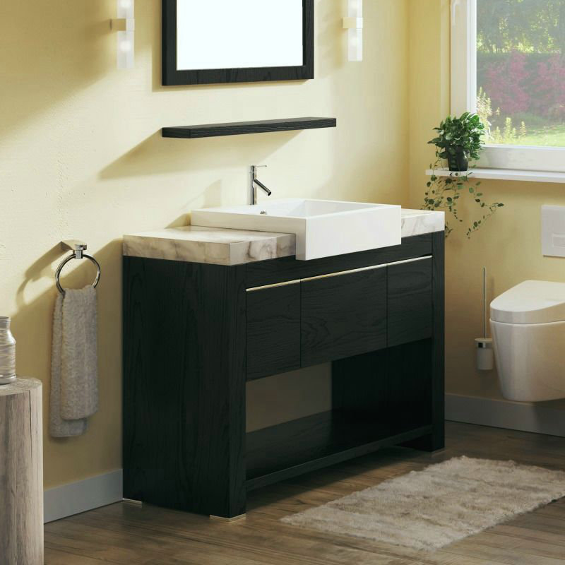 Black Oak Single Freestanding Vanity with White Marble Top