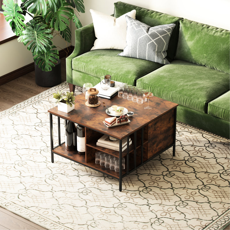 Table basse réglable à hauteur réglable avec compartiment caché et 3 tablettes pour la famille moderne rustique - 31,5 po