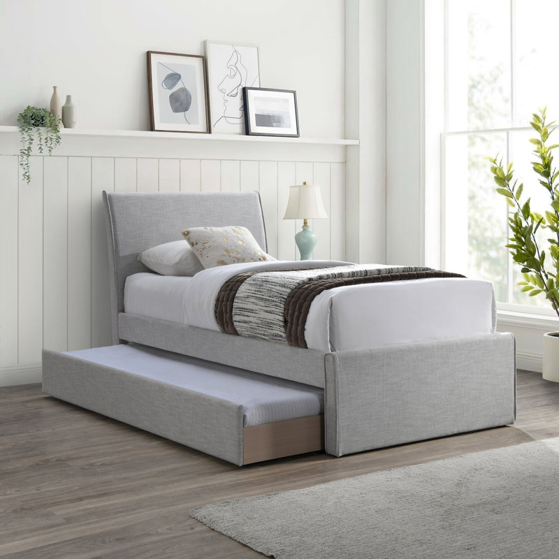 Lit gigogne simple Pittenger, Tissu texturé en lin gris