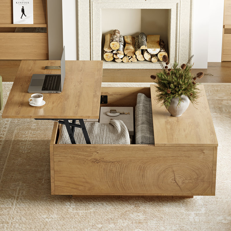 Table basse à plateau relevable 31,5 po avec base en bloc, Marron clair