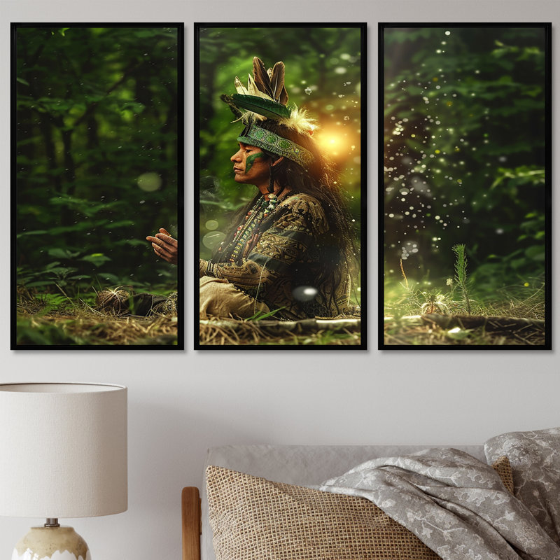 Shaman Of The Forest Sunset - Native American Wall Art, ensemble d'impression, Cadre flottant noir