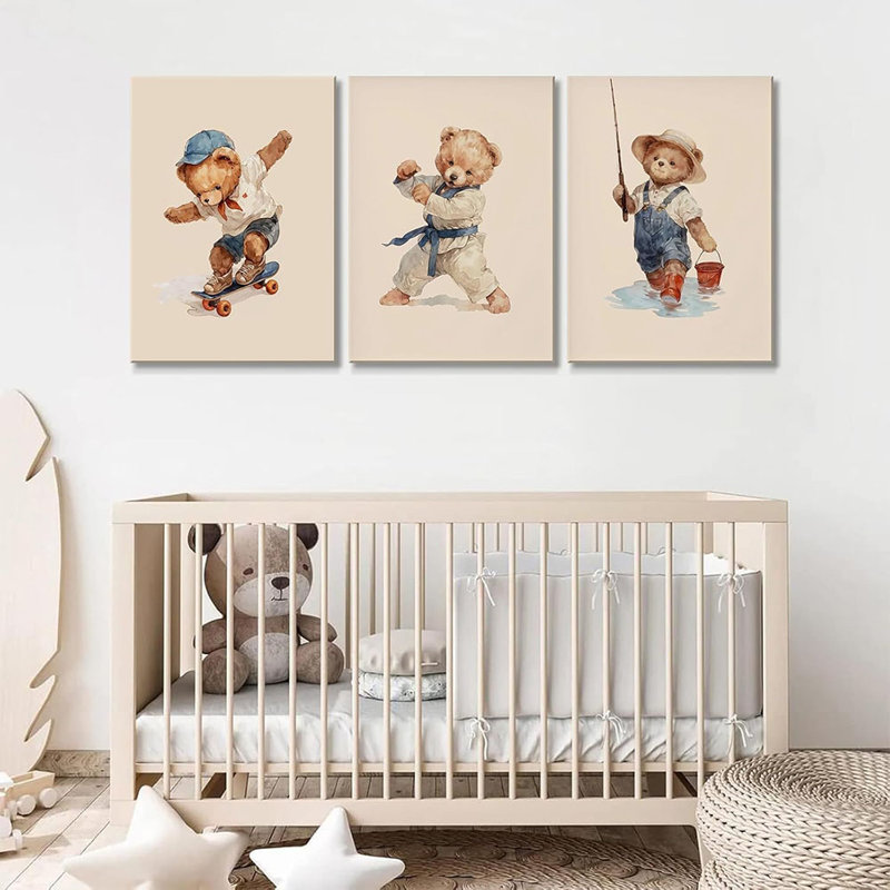 3 Pcs Nursery Teddy Bear Wall Art Kindergarten Boy Skateboard Karate Sports Wall Decor Poster Print Cute Funny Animal Painting Pictures For Kids Bedroom Room (16X24 Inch)
