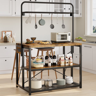 3-Tier Kitchen Island with Storage Shelves & Hanging Rack, Industrial Kitchen Utility Cart with Power Outlets