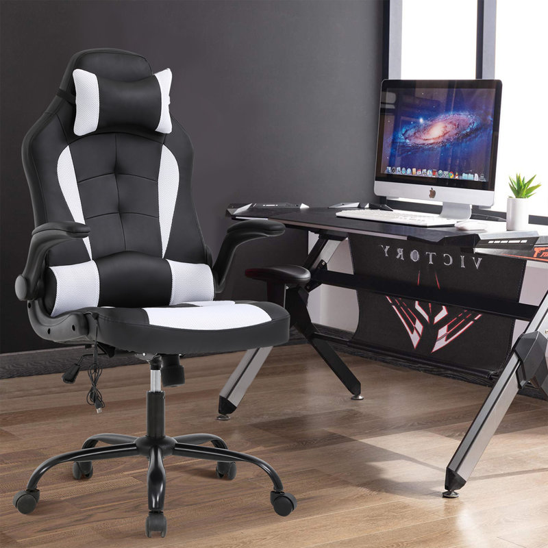 Inbox Zero Adjustable Reclining Ergonomic Faux Leather Swiveling PC & Racing Game Chair in Black/White