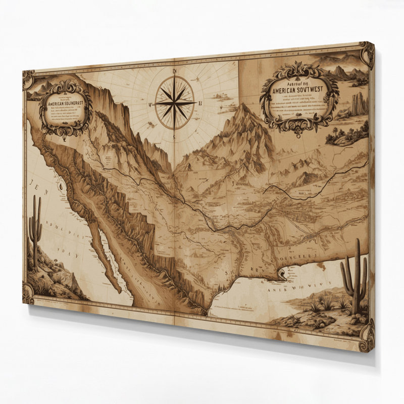 «Southwestern Cowboy Old West Map 74», art mural sur toile beige, H 12 po x l 18 po