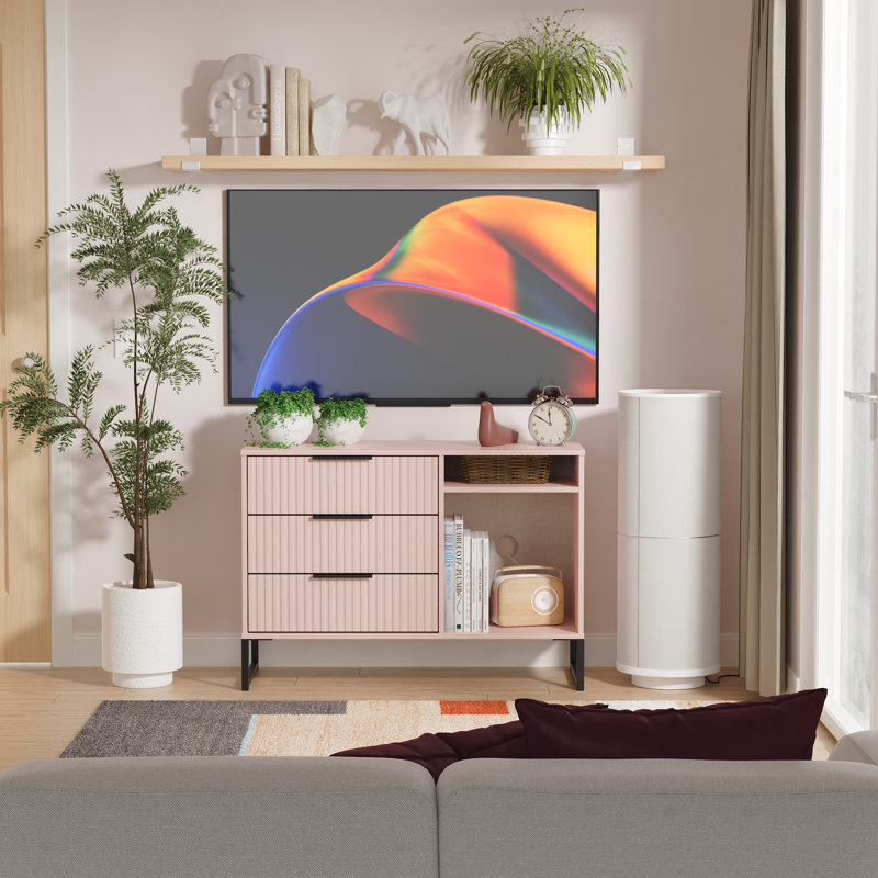 Fluted 3 Drawer TV Unit, Pink