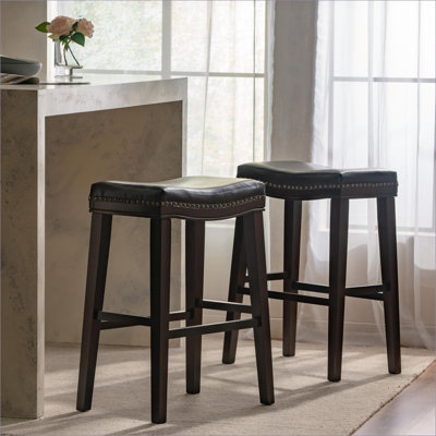 Curved Saddle Dining Stool Chairs, Solid Rubberwood Frame PU Leather Seat for Kitchen Dining, for Adults